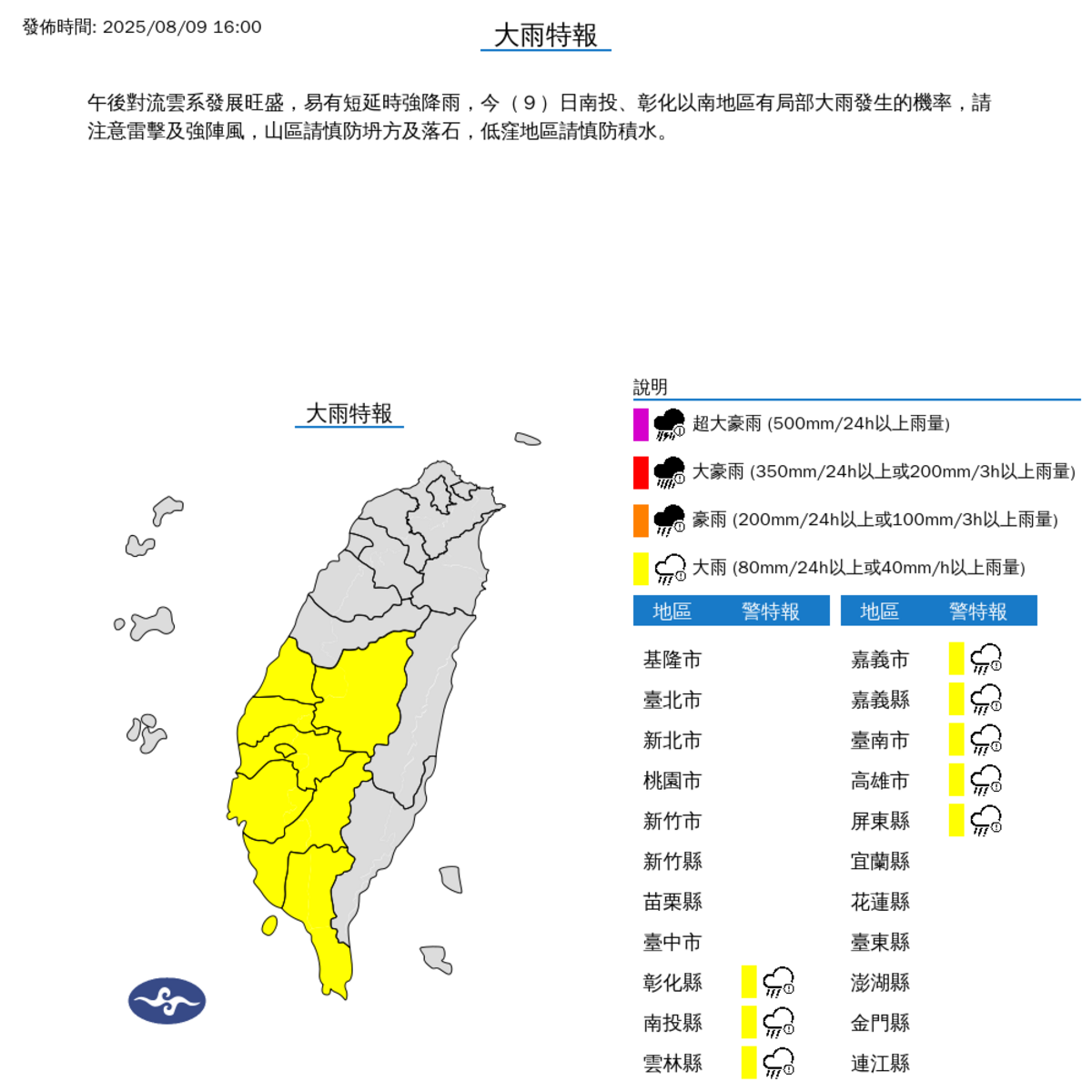 彰化縣、南投縣、雲林縣、嘉義市、嘉義縣、台南市、高雄市及屏東縣在內的8個縣市，氣象署已發出大雨特報。 圖：氣象署／提供