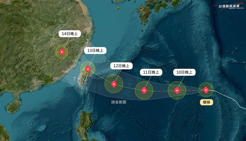 專業氣象粉專「台灣颱風論壇｜天氣特急」提醒，楊柳颱風估計週三(13)晚間穿越北台灣上空登陸機率增加。 圖:翻攝自氣象粉專「台灣颱風論壇｜天氣特急」