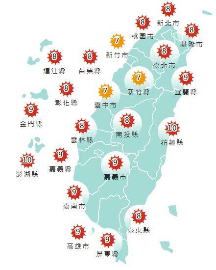 氣象署發布各地紫外線指數預報概況。 圖：氣象署提供
