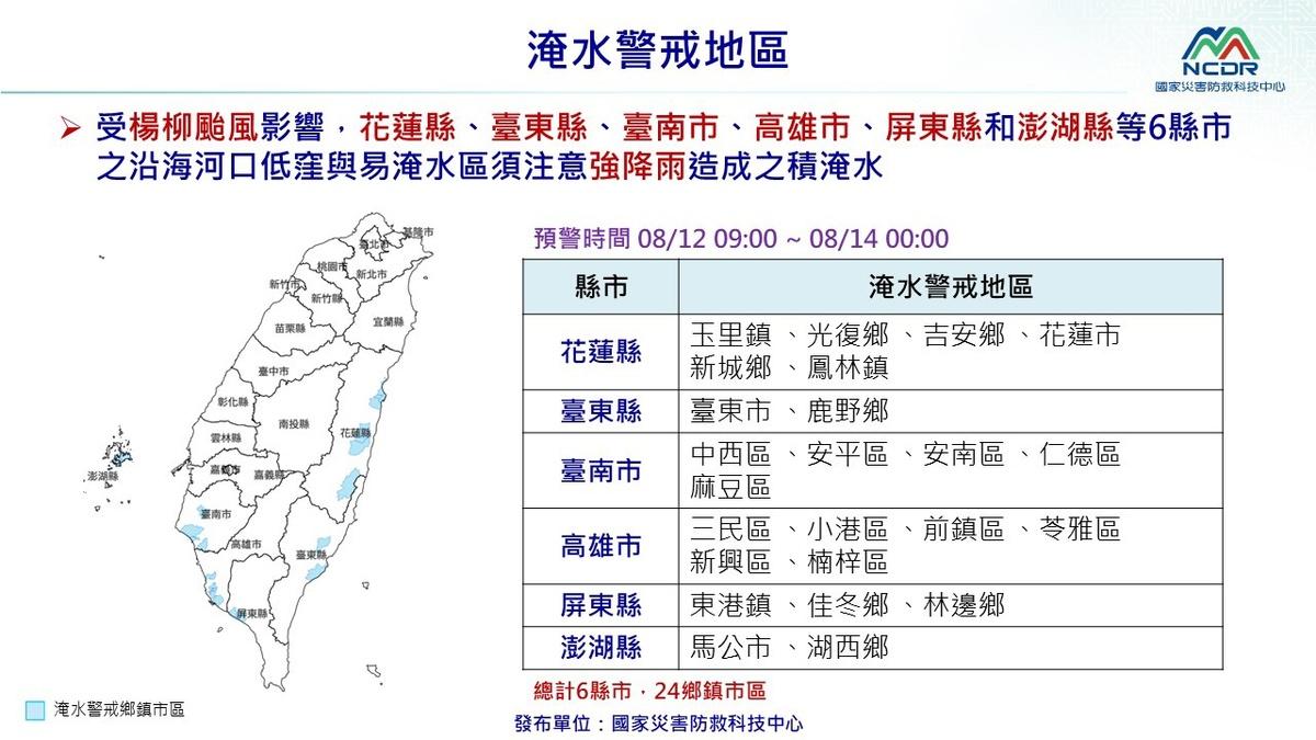花蓮縣、台東縣、台南市、高雄市、屏東縣和澎湖縣等6縣市，沿海河口低窪與易淹水區須注意強降雨造成的積淹水。 圖：國家災害防救科技中心／提供