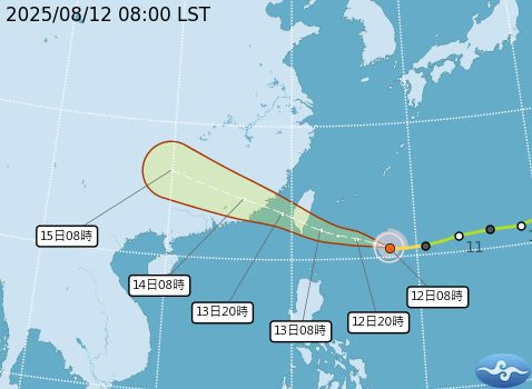 今天上午8時楊柳颱風中心位置在台東的東南東方約730公里處，以每小時25公里速度，向西北西進行，氣象署已發布海警，預計明天通過台灣。 圖：取自中央氣象署