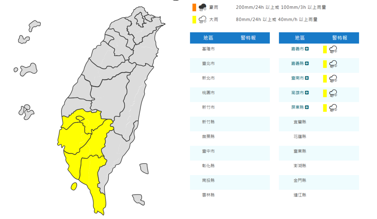 氣象署對南部5縣市發布大雨特報。 圖：取自中央氣象署