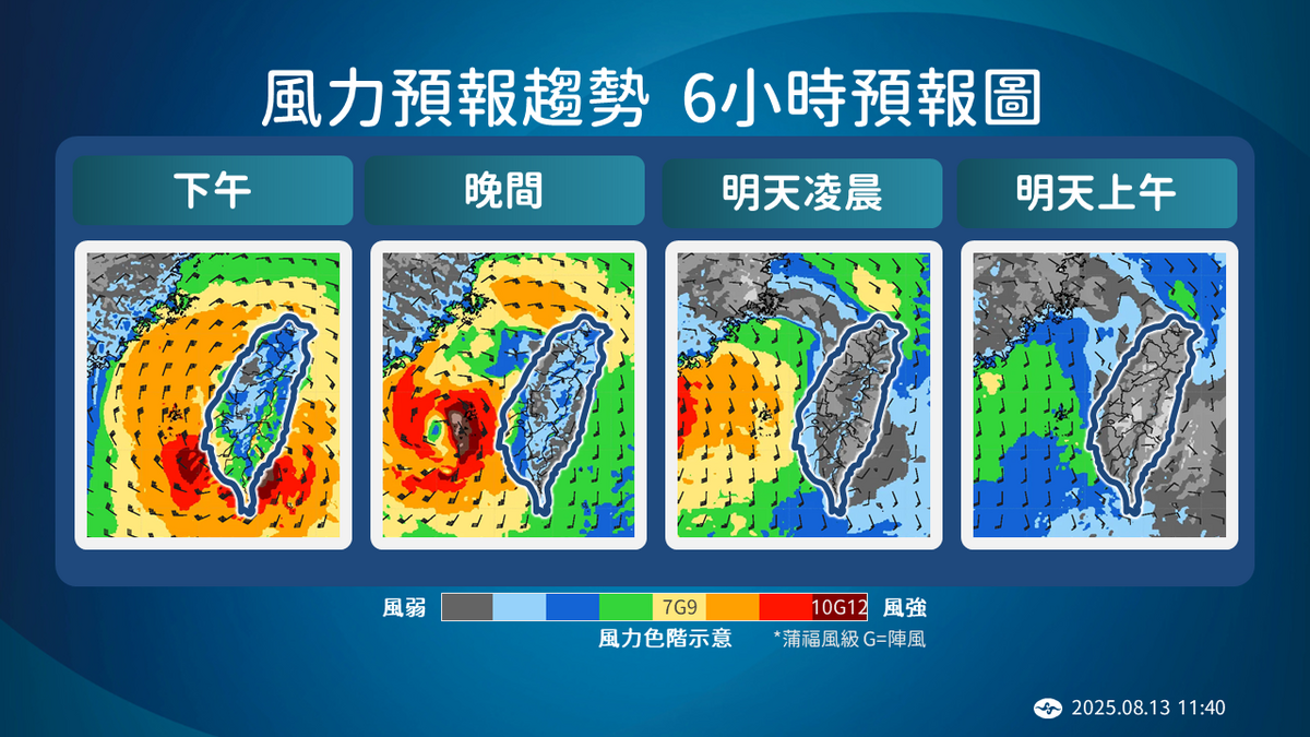 風力趨勢6小時預報圖。 圖：中央氣象署／提供