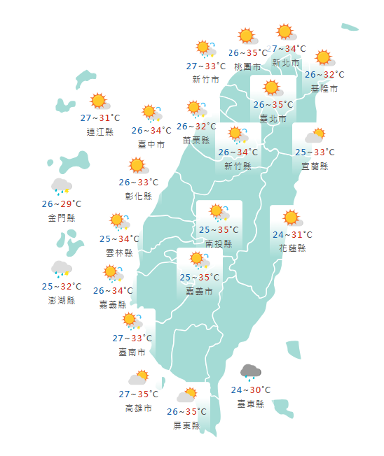 氣象署公布各地天氣預報概況。 圖：氣象署提供