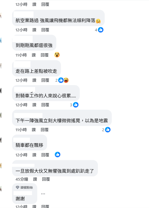 北部強風也讓很多網友有感，「下午一陣強風立刻大樓微微搖晃，以為是地震」、「騎車都在飄移」、「走在路上差點被吹走」。 圖：取自台灣颱風論壇