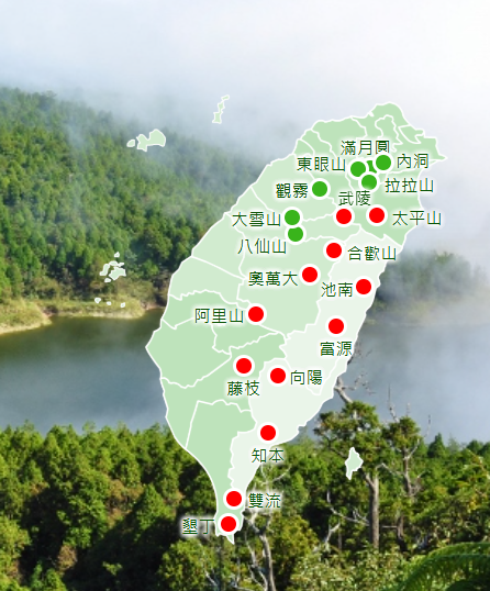 未開放之國家森林遊樂園區分布圖。 圖：翻攝自山林悠遊網