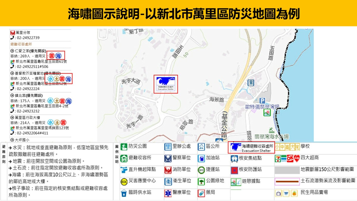 海嘯圖示說明-以新北市萬里區防災地圖為例。 圖：內政部提供