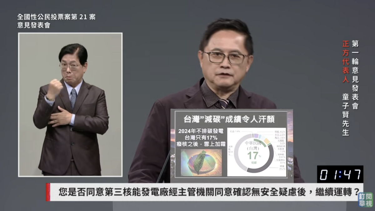 和碩董事長童子賢今（15日）出席核三延役公投發表會第五場，擔任正方代表。 圖：翻攝華視直播畫面