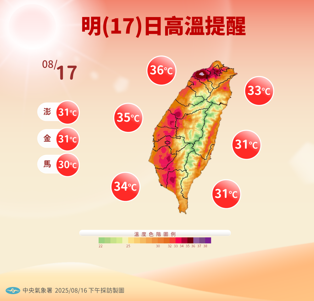 西半部地區天氣炎熱，大台北地區高溫更可能達到攝氏36度，民眾外出務必注意防曬並攜帶雨具。 圖：氣象署／提供
