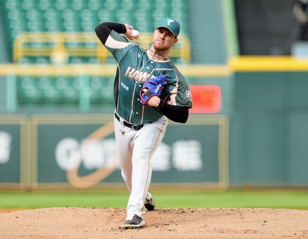 中華職棒台鋼雄鷹隊洋投後勁（Bradin Hagens）（圖）16日先發7局僅失2分，最終雄鷹以5比2拿勝，後勁也達成跨季22連勝，締造中職新紀錄。（台鋼雄鷹隊提供）中央社記者楊啟芳傳真  114年8月16日