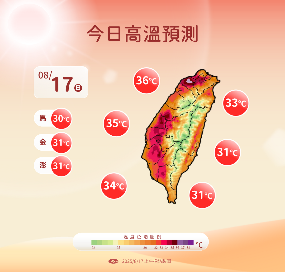 受東風沉降影響，西半部普遍高溫，有15個測站高溫超過36度，其中新北五股甚至出現38度高溫。 圖：中央氣象署／提供