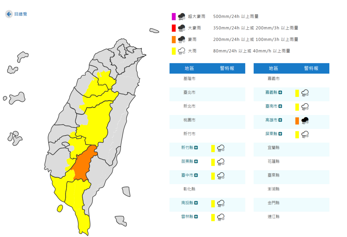 今(17)日氣象署對9縣市發布豪大雨特報。 圖：取自氣象署
