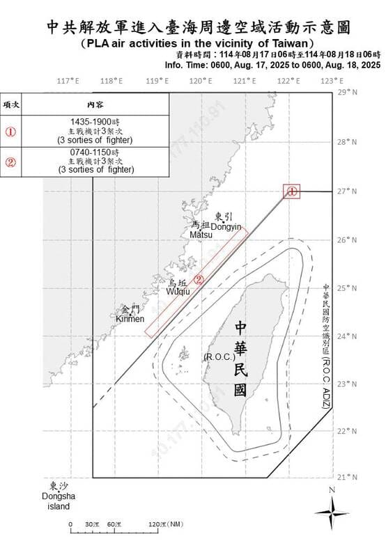 國防部今日公布中共解放軍進入台海周邊空域活動示意圖。 圖：國防部提供