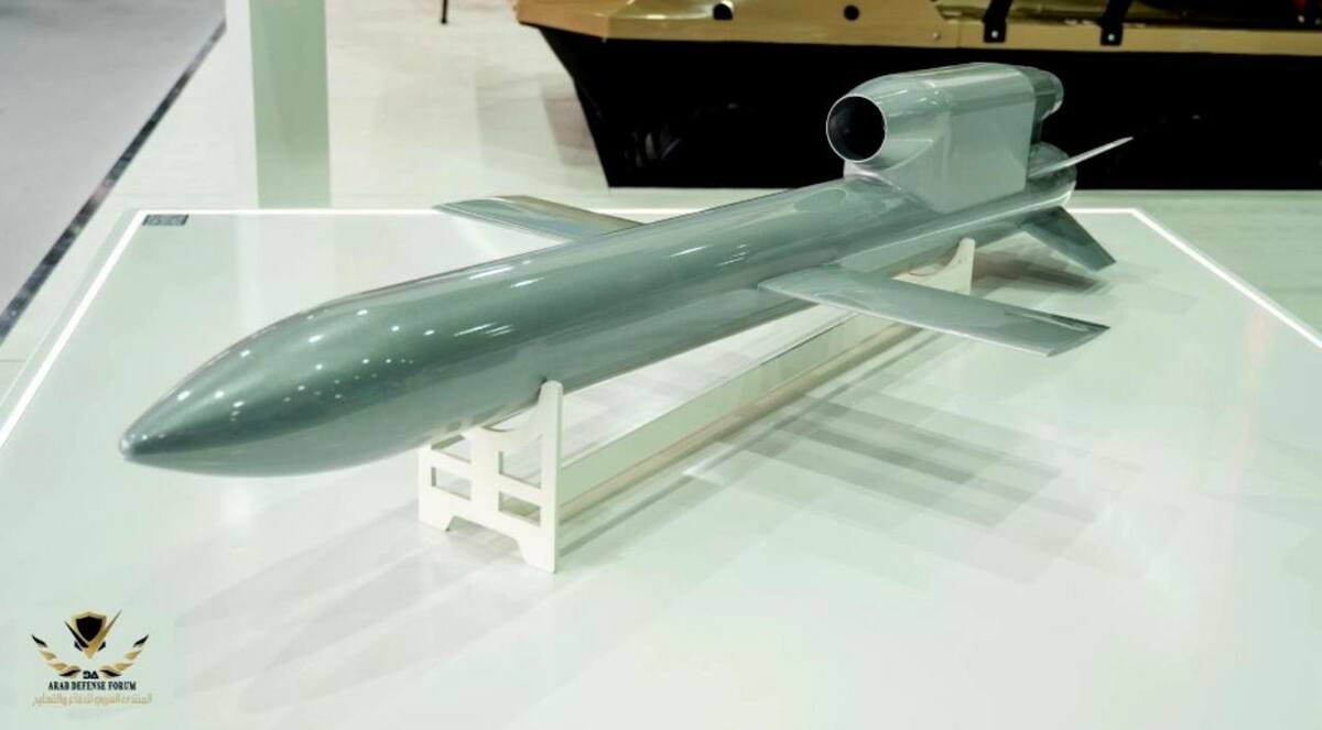 阿布達比國際防務展覽會上展出的「FP-5」大型巡航導彈。傳就是烏克蘭「火烈鳥」（Flamingo）遠程巡航導彈的原型。圖為展出模型。 圖：翻攝「X」@Cyberspec1