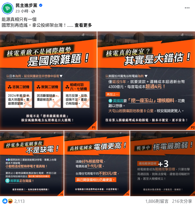 823 核三延役公投進入倒數，民進黨 18 日透過官方粉絲專頁發布多張反核圖卡，強調「核電不是國際趨勢，而是國際難題」，並以日本多座核電廠的案例作為論據。然而，此舉卻引發日本能源記者 Kosuke Ebi（海老宏亮）公開批評，直指民進黨「扭曲日本核能態勢，並將其用於內政目的」，嚴重誤導台灣社會。 圖:翻攝自民進黨臉書