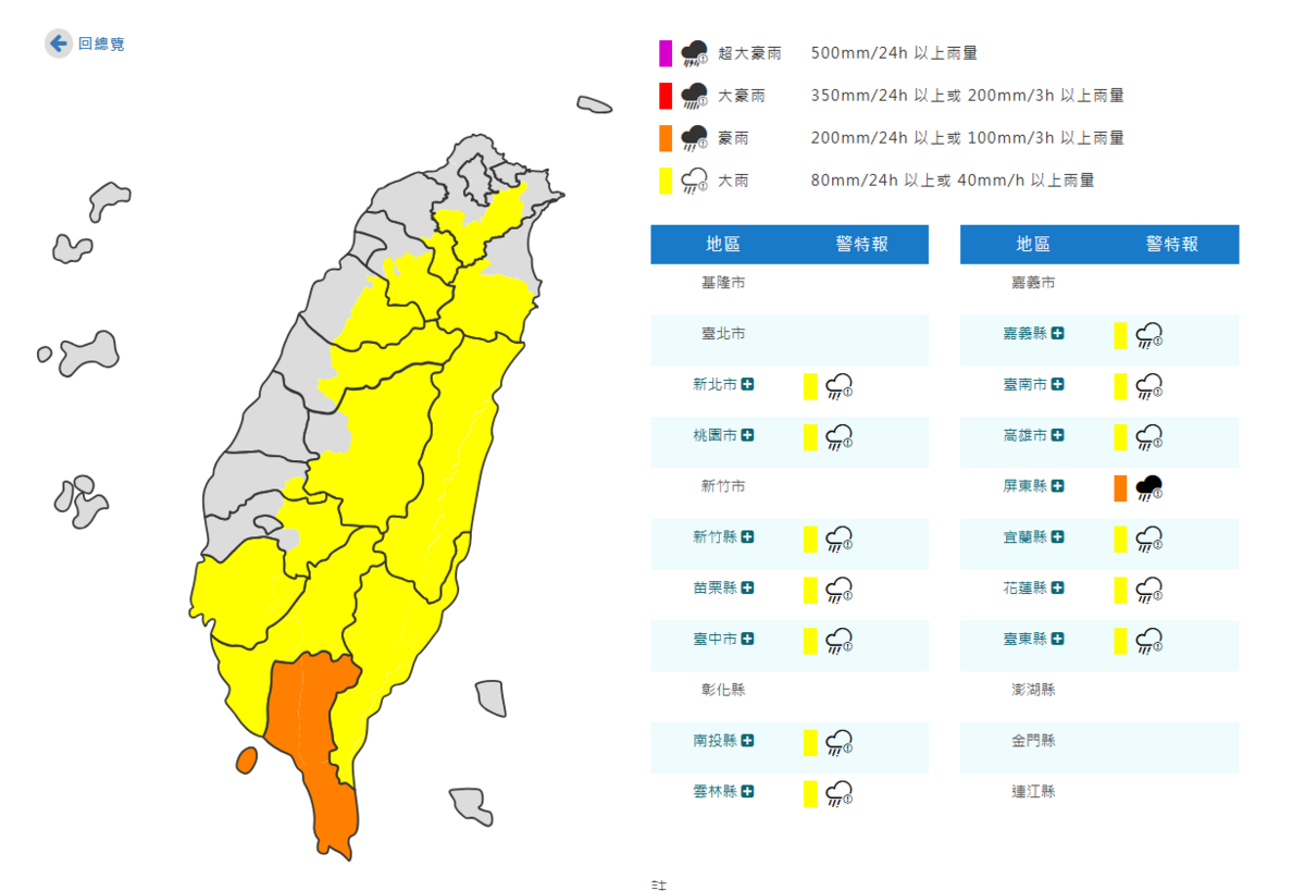氣象署對全台14縣市發布豪大雨特報。 圖：取自氣象署