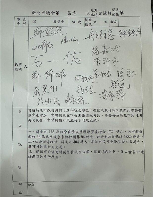 新北市議會民進黨議員卓冠廷與山田摩衣、林銘仁、陳乃瑜、李宇翔、黃淑君、陳啟能等共同推動「建議普發現金4.6萬元予每位新北市民」提案。 圖：翻攝「臉書」卓冠廷粉絲專頁