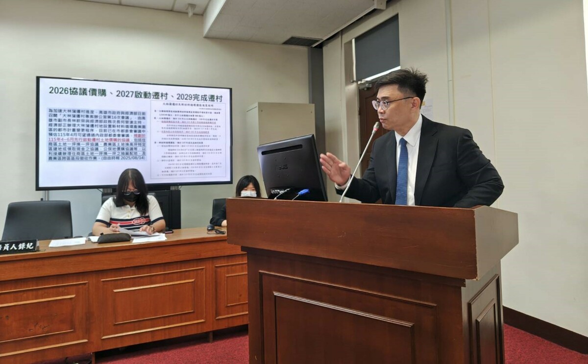 賴瑞隆(右)在立法院經濟委員會質詢，要求經濟部2026年大林蒲遷村啟動價購協議。 圖：賴瑞隆辦公室/提供
