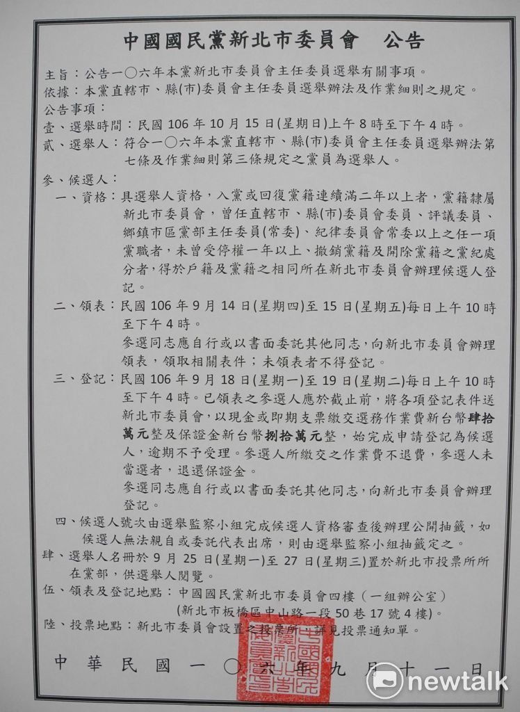 國民黨新北市黨部主委選舉今天下午4點截止登記，10月15日投票。 圖：王峻昌/攝