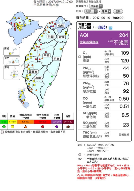 台灣正進入空汙嚴重的季節，今天環保署發出警告，提醒平鎮及龍潭地區空品監測達到紫色警戒，請民眾盡量減少外出。 圖：環保署
