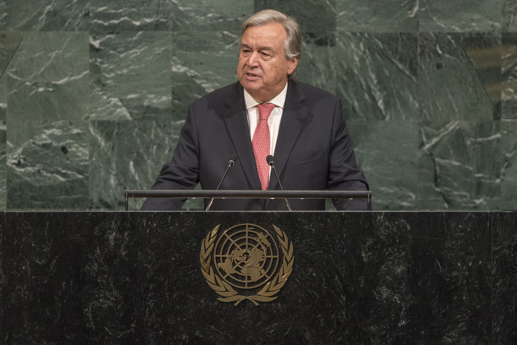 聯合國秘書長古特瑞斯（Antonio Guterres）在聯合國大會總辯論登場時，譴責北韓挑釁行為，但主張採取政治手腕解決，絕不可閉著眼睛走上戰爭之路。 圖：翻攝UN官網
