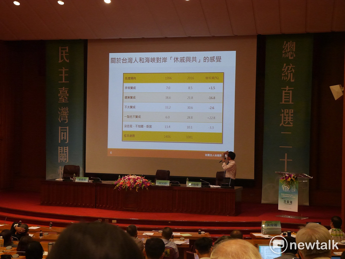 台灣民意基金會董事長游盈隆今（23）日表示，台灣人對兩岸為「命運共同體」的意識下降，呼籲台北市長柯文哲要「參考」。 圖：趙婉淳 / 攝