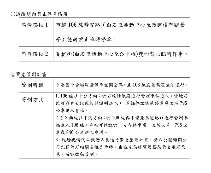 為了讓活動進行順利，將在10月4日活動當日下午15時至晚間22時進行小範圍交通管制，市道106線靜安路及菁桐街都有限制車型通過，也會管制道路雙向禁止停車，想前往平溪放天燈的民眾需要特別留意。 圖：新北市觀旅局提供