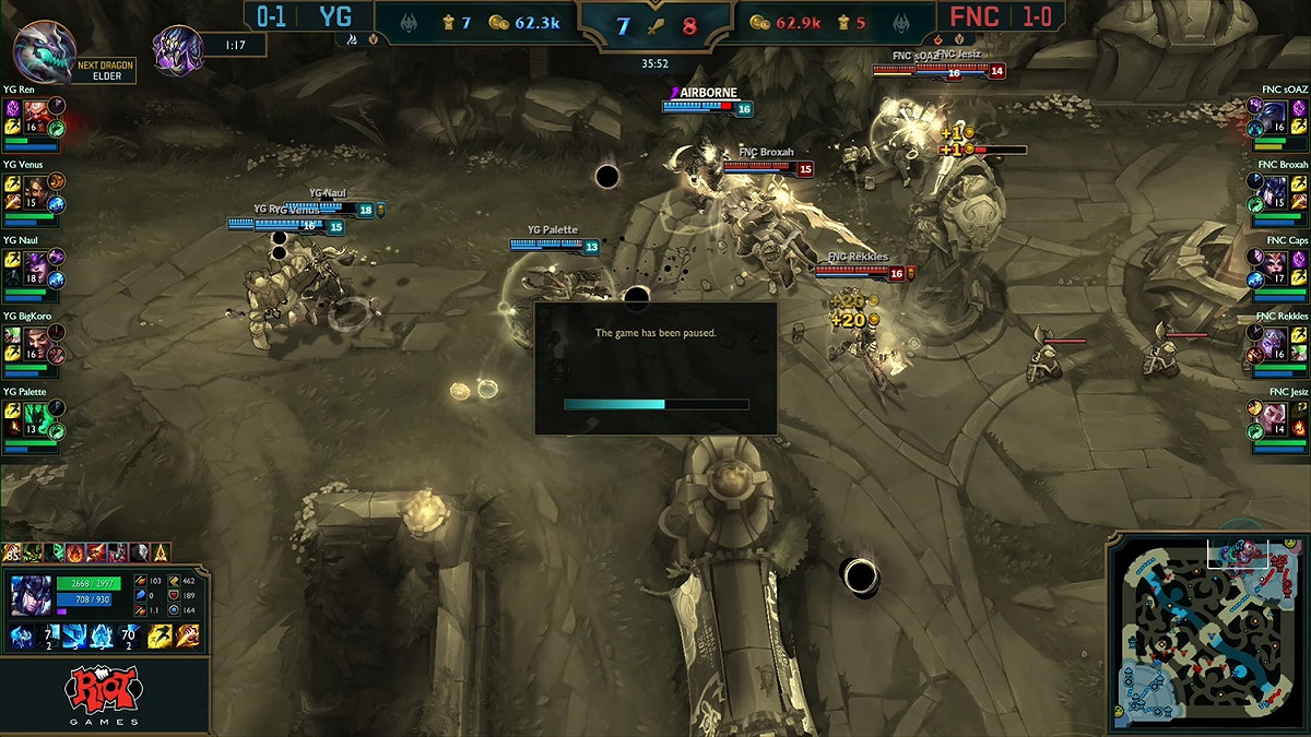 當FNC與YG的會戰打得正精彩，畫面卻突然暫停。 圖：翻攝自 LoL Esports YouTube