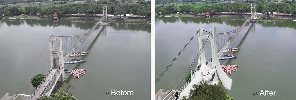 舊的龍潭大池吊橋與修建後的模擬圖。 圖 : 桃園市政府/提供