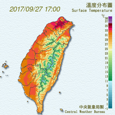 今日全台溫度分布圖。 圖 : 翻攝自中央氣象局官網