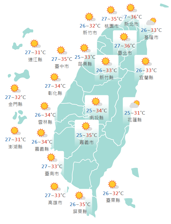 氣象署公布各地天氣預報概況。 圖：氣象署提供