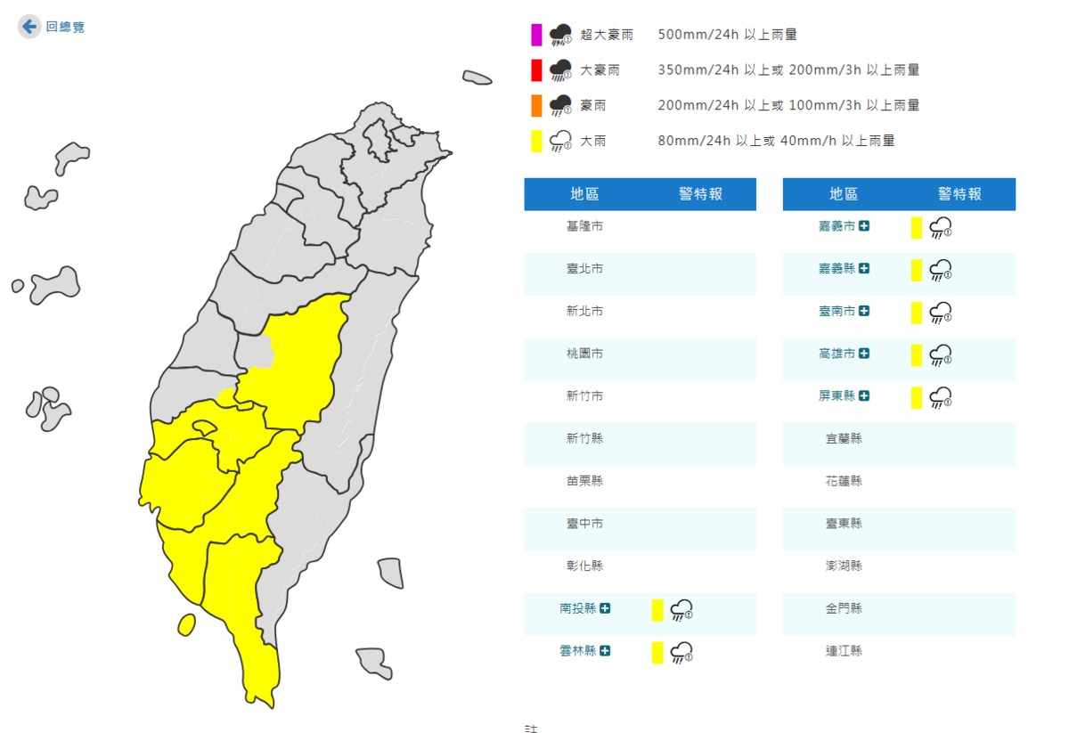氣象署對7縣市發布大雨特報。 圖：取自氣象署