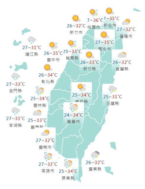 氣象署公布各地天氣預報概況。 圖：氣象署提供