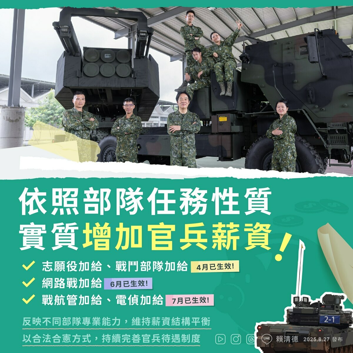 總統賴清德27日在臉書發文，強調政府已依部隊任務性質調升國軍加給。 圖：翻攝「臉書」賴清德粉絲專頁