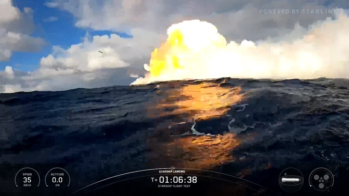 然而，星艦濺落後不久就發生爆炸，部分網友質疑此次星艦的試飛計畫可能不如 SpaceX 宣傳的那麼成功。 圖：擷取自 @SpaceX X 分享影片