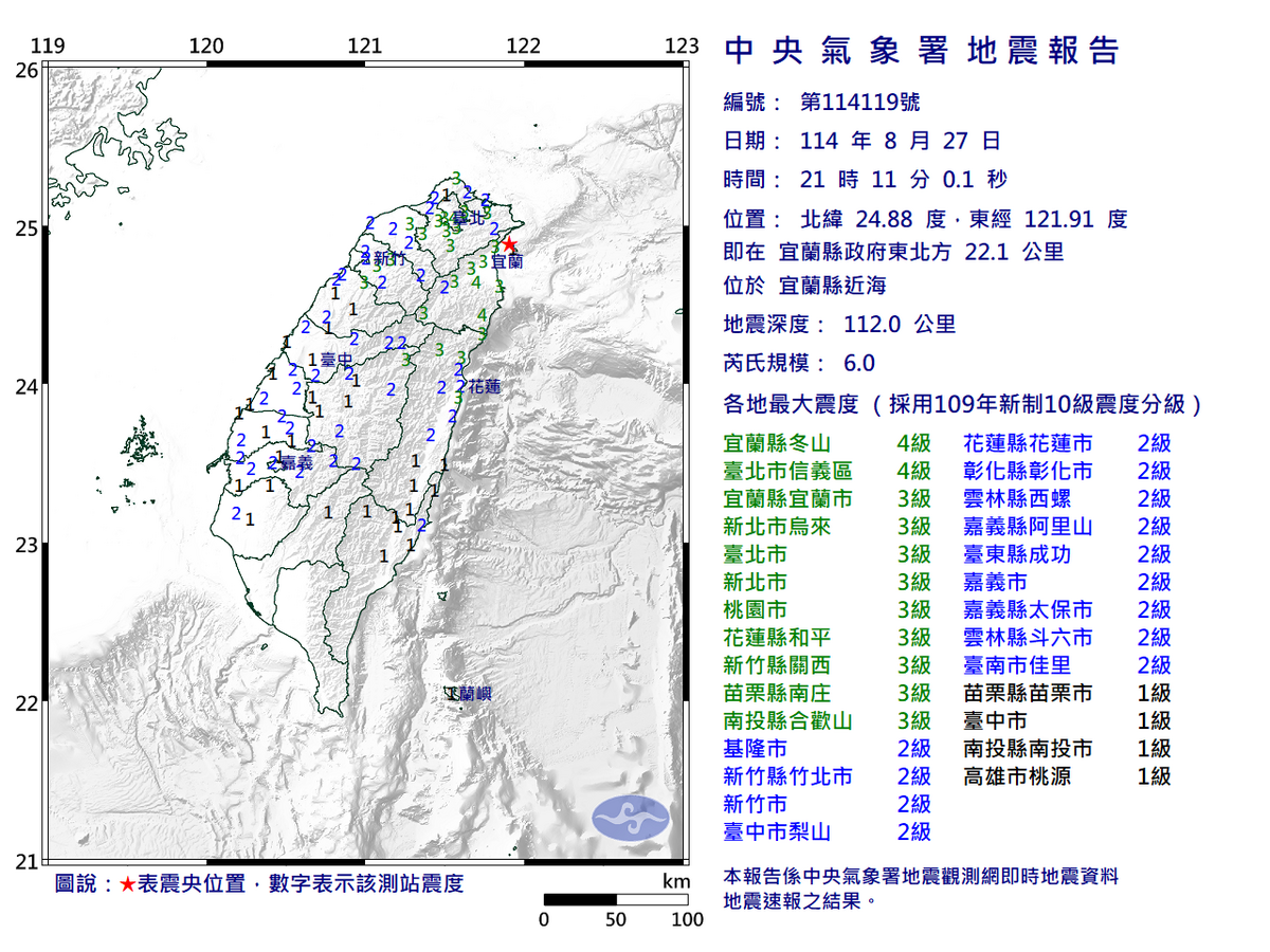 08/27-21:11宜蘭縣近海發生規模6.0有感地震 圖：中央氣象署