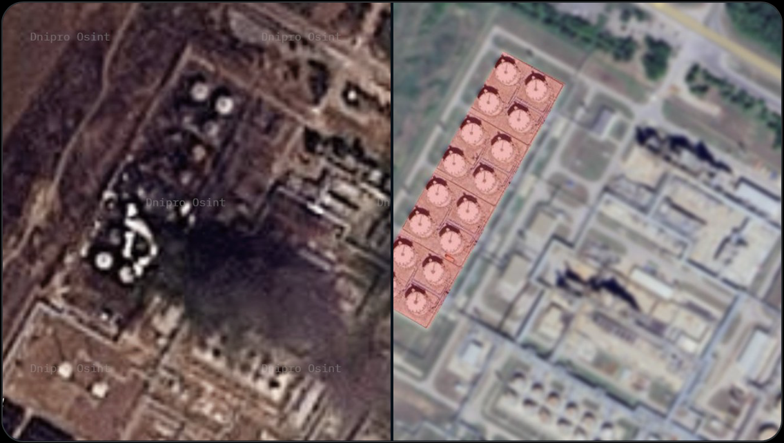 俄羅斯新沙赫京斯克（Novoshakhtinsk）煉油廠西側已成廢墟，約 16 座儲油設施遭到嚴重破壞。 圖：擷取自《NOELreports》的 X