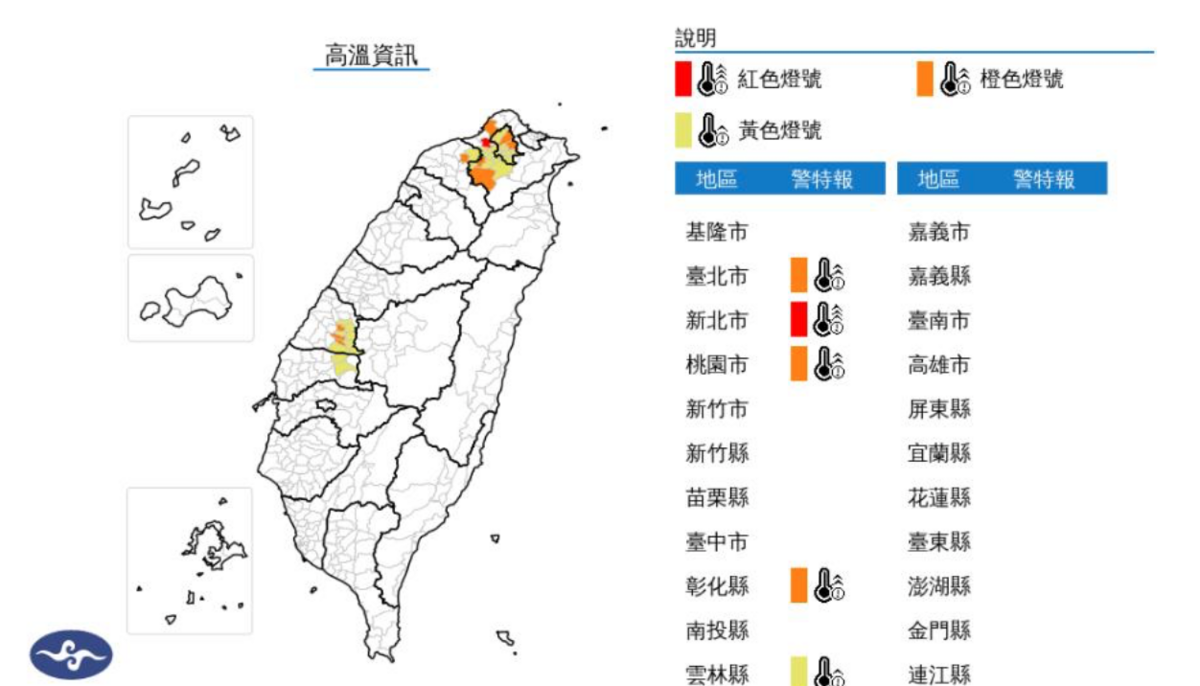 中央氣象署上午11時29分發布高溫特報，白天新北市為紅色燈號，有連續出現38度極端高溫的機率。 圖：翻攝自中央氣象署官網