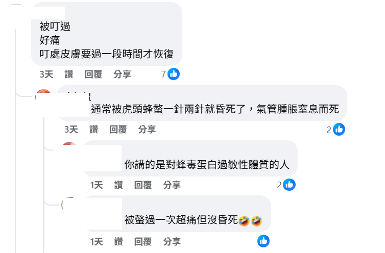 此篇文還釣出被虎頭蜂叮過的過來人指出，「被叮過，好痛，叮處皮膚要過一段時間才恢復」。 圖：翻攝自基隆人日常