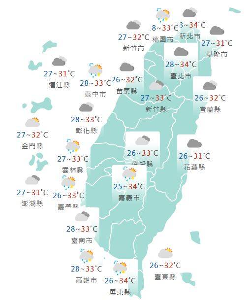 氣象署公布各地天氣預報概況。 圖：氣象署提供