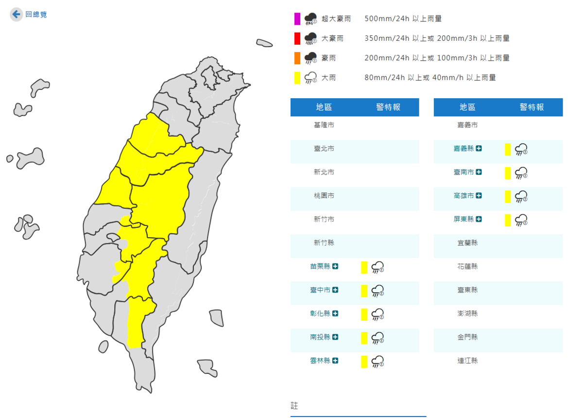 今(1)日氣象署對9縣市發布大雨特報。 圖：取自氣象署
