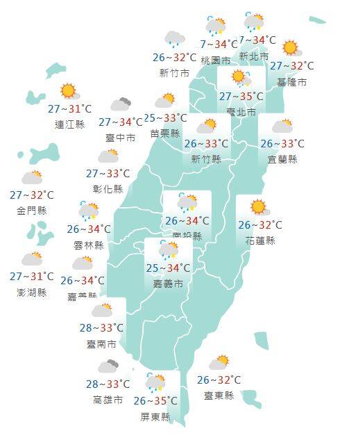 氣象署公布各地天氣預報概況。 圖：氣象署提供
