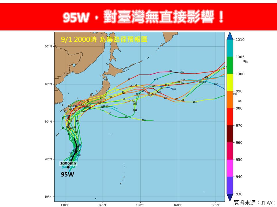 林老師氣象站指出，95W在接近日本時，強度就已趨達到熱帶性低氣壓至輕度颱風等級，並由南往北前進。 圖：取自林老師氣象站