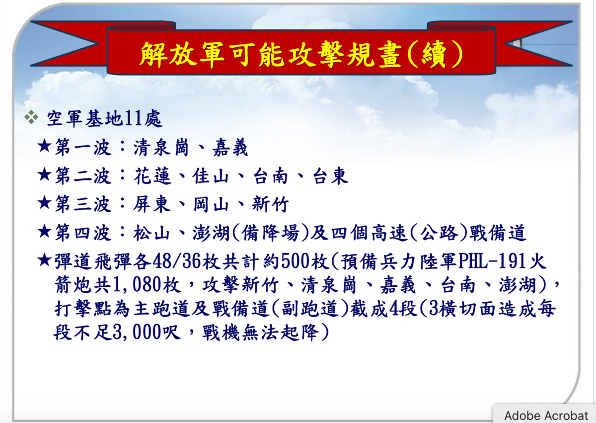 前幻象飛行員、七聯隊參謀長高志榮則針對「當面解放軍部隊對台威脅概況想定」進行報告。 圖：高志榮報告