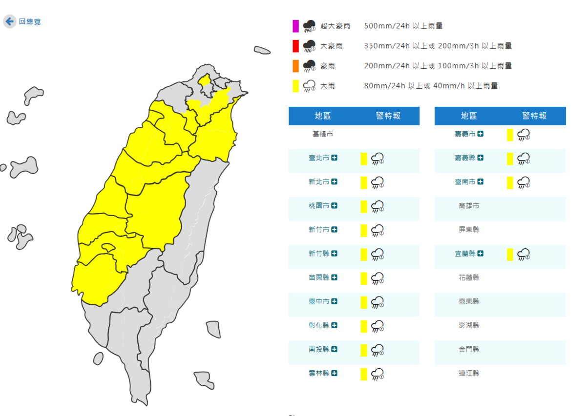 氣象署對14縣市發布大雨特報。 圖：取自氣象署