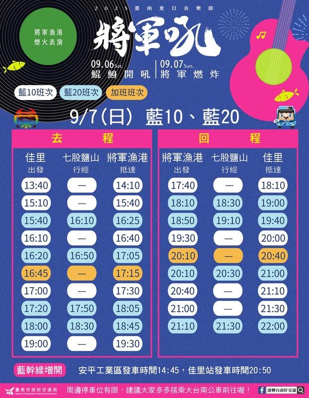 9月7日公車時刻表。 圖：台南市政府觀光局提供