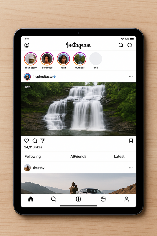 Instagram首度推出iPad專屬App，開啟即進入Reels頁面，操作介面區隔於手機版，更凸顯短影音核心體驗。 圖：ChatGPT　AI生成 / 曾郡秋 製