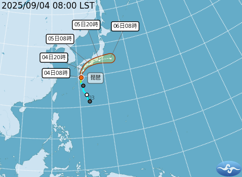 琵琶颱風今晨生成，預計向日本前進，今日侵襲九州，明(5)日侵襲四國、本州南側，再向東大迴轉，對台灣沒有影響。 圖：取自氣象署