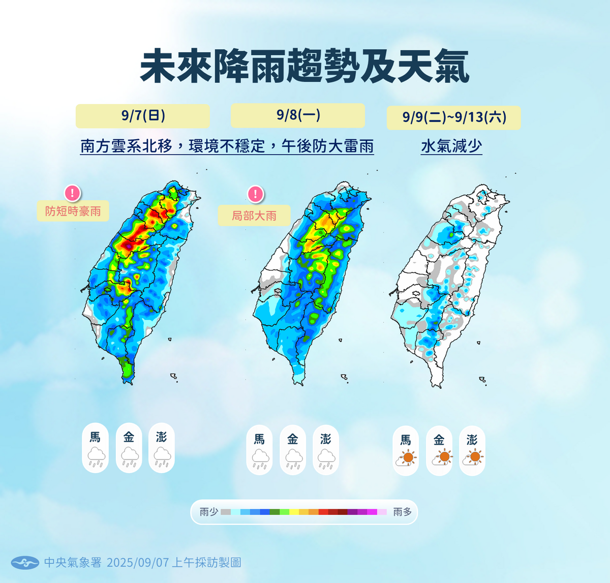 未來一週天氣和降雨趨勢。 圖：中央氣象署／提供