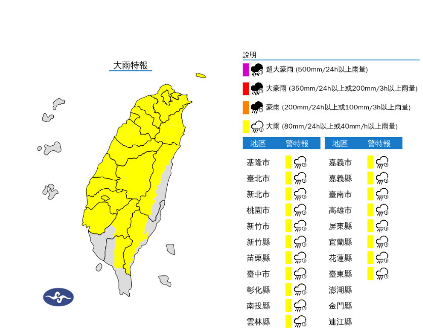 氣象署對全台19縣市發布大雨特報。 圖：取自氣象署
